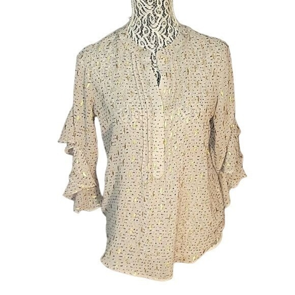 VINCE CAMUTO Designer Luxury sheer Ruffle Sleeve Blouse Women's Top Gold Accents